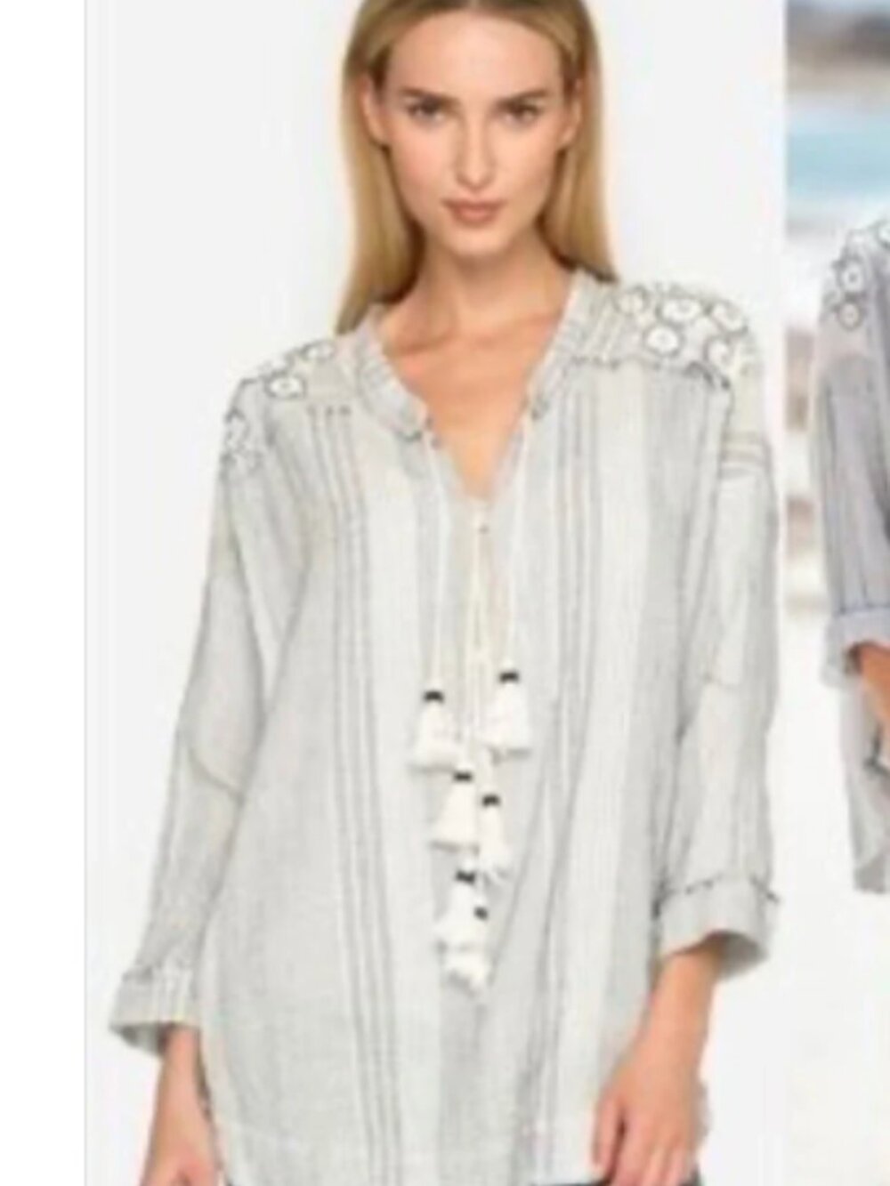 Johnny Was Jacqueโ Women's Black and White Blouse with Tassels